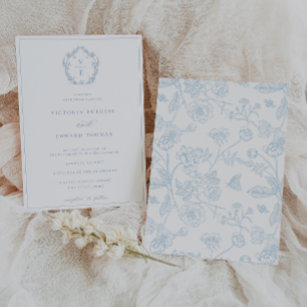 Vintage Light Blue Crest Monogram Wedding Invitation