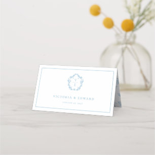 Vintage Light Blue Floral Monogram Crest Wedding Place Card