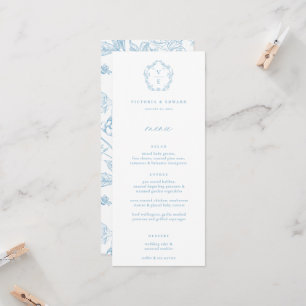 Vintage Light Blue Monogram Crest Floral Menu Invitation