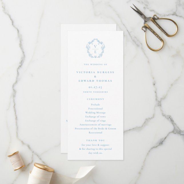 Vintage Light Blue Monogram Crest Wedding Program Programme (Front/Back In Situ)
