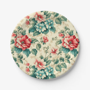 Vintage light blue red Victorian floral design Paper Plate