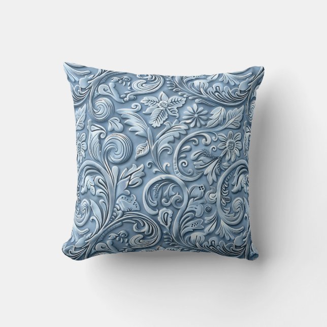 Vintage light blue tooled leather cushion (Front)