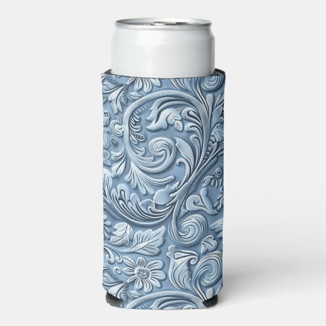 Vintage light blue tooled leather seltzer can cooler (Seltzer Front)