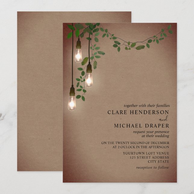 Vintage Light Bulb Botanical Garland Wedding Invitation (Front/Back)