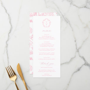 Vintage Light Pink Monogram Crest Floral Wedding Menu