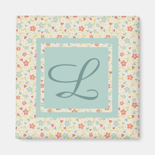 Vintage Light Spring Pretty Floral Monogram Magnet (Front)