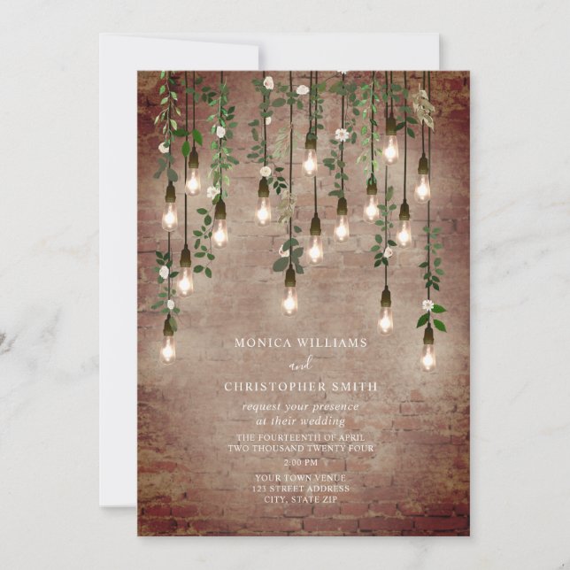 Vintage Lightbulb Brick White Floral Wedding Invitation (Front)