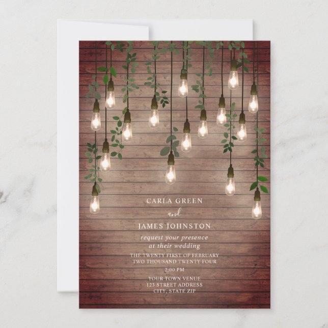 Vintage Lightbulbs Botanical Wood Wedding Invitation (Front)