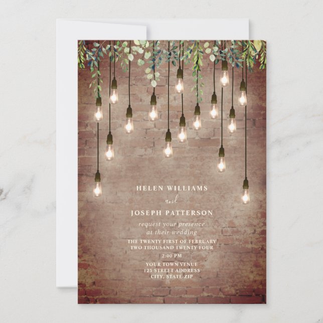 Vintage Lightbulbs Greenery Brick Wedding Invitati Invitation (Front)