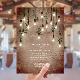 Vintage Lightbulbs Rustic Brick Botanical Wedding Invitation