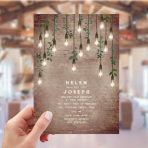 Vintage Lightbulbs Rustic Brick Botanical Wedding  Invitation
