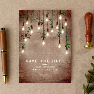 Vintage Lightbulbs Rustic Brick Botanical Wedding Save The Date