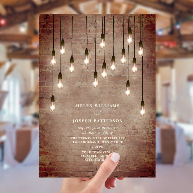 Vintage Lightbulbs Rustic Brick Wedding Invitation (Creator Uploaded)
