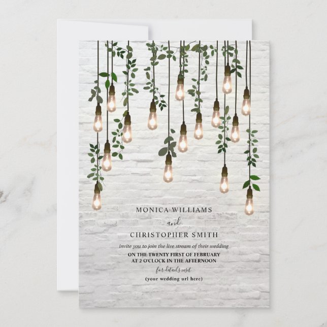 Vintage Lightbulbs White Brick Botanical Virtual Invitation (Front)