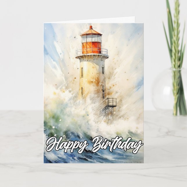 Vintage Lighthouse Happy Birthday Card (Front)