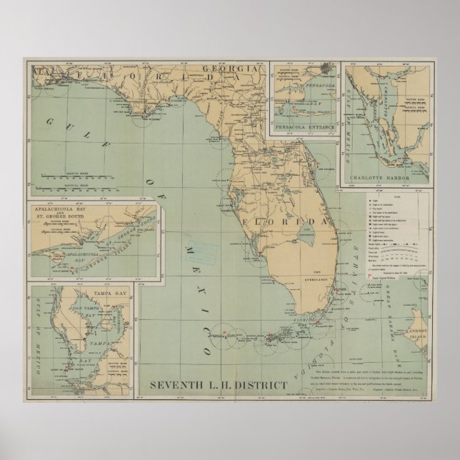Vintage Lighthouse Map of Florida (1898) Poster (Front)