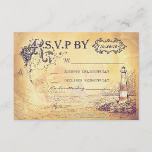 Vintage lighthouse nautical wedding RSVP cards