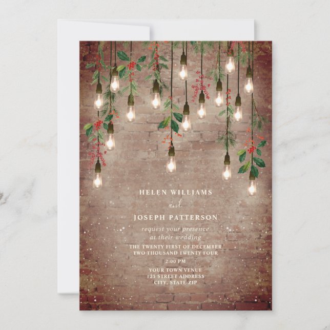 Vintage Lights Brick Christmas Winter Wedding Invitation (Front)