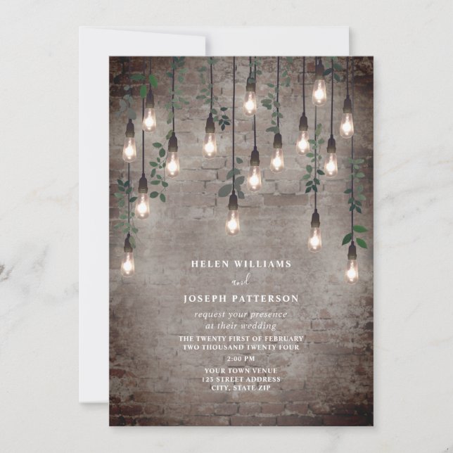 Vintage Lights Industrial Brick Botanical Wedding Invitation (Front)