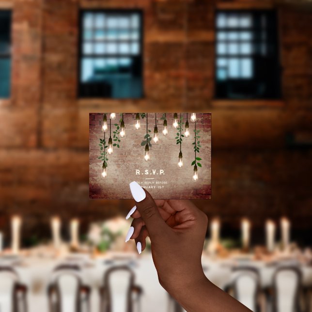 Vintage Lights Industrial Brick Botanical Wedding  RSVP Card (Creator Uploaded)