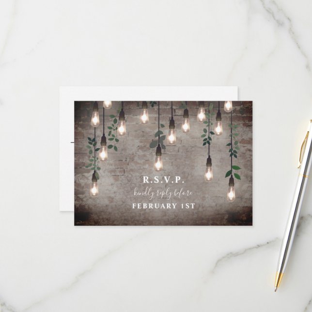 Vintage Lights Industrial Brick Botanical Wedding RSVP Card (Front/Back In Situ)