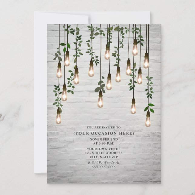 Vintage Lights White Brick Botanical Party Invitation (Front)