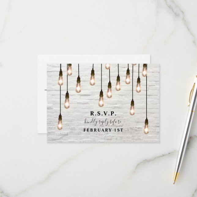 Vintage Lights White Brick Wedding RSVP Card (Front/Back In Situ)