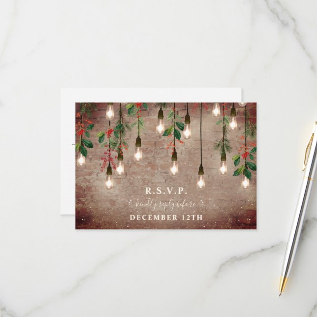 Vintage Lights Winter Brick Christmas Wedding  RSVP Card (Front/Back In Situ)