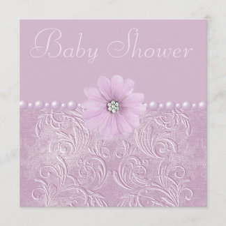 Vintage Lilac Baby Shower Bling Flowers & Pearls Invitation