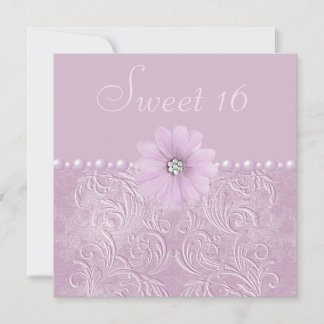Vintage Lilac Bling Flowers & Pearls Sweet 16 Invitation