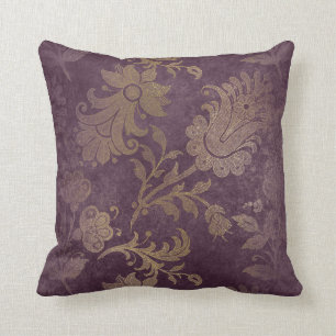 Vintage Lilac Floral Damask Gold Stripes Pillow