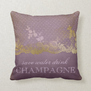 Vintage Lilac Lace Gold Save Water Drink Champagne Cushion
