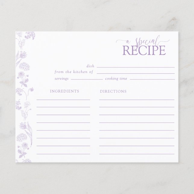 Vintage Lilac Lavender Floral Script Recipe Card (Front)
