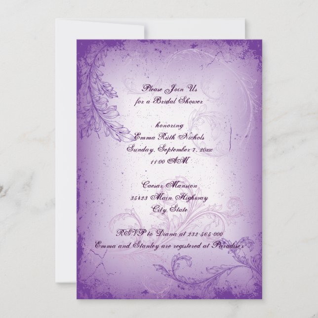 Vintage lilac purple scroll leaf bridal shower invitation (Front)