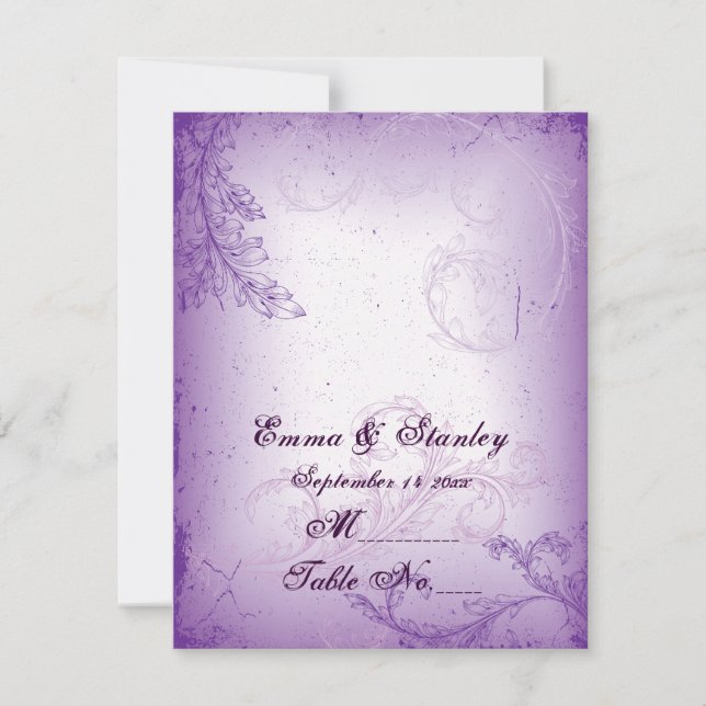 Vintage lilac purple scroll leaf table number card (Front)