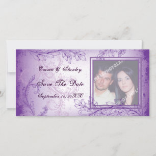 Vintage lilac purple scroll leaf wedding photocard save the date