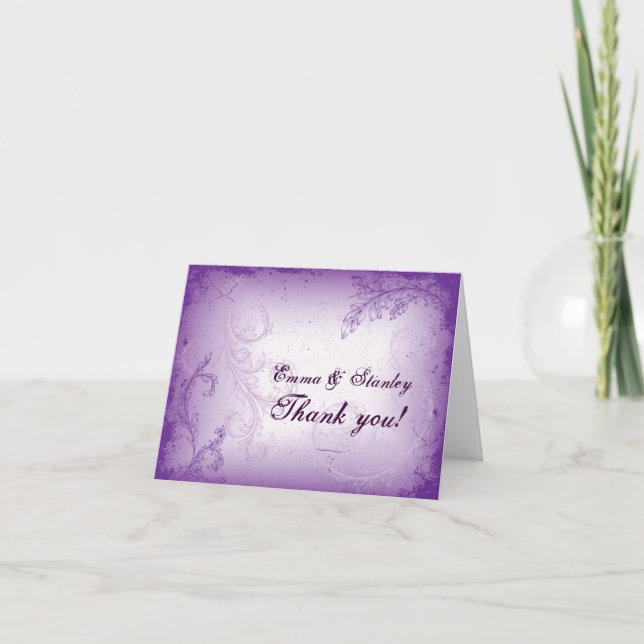 Vintage lilac purple scroll leaf wedding Thank You (Front)
