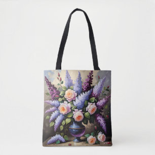 Vintage lilacs and roses in vase tote bag