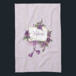 Vintage Lilacs Personalised Kitchen Towel<br><div class="desc">Sprays of romantic lilacs surround a centre white scroll with purple cords and tassels on a soft pastel lavender damask background.</div>