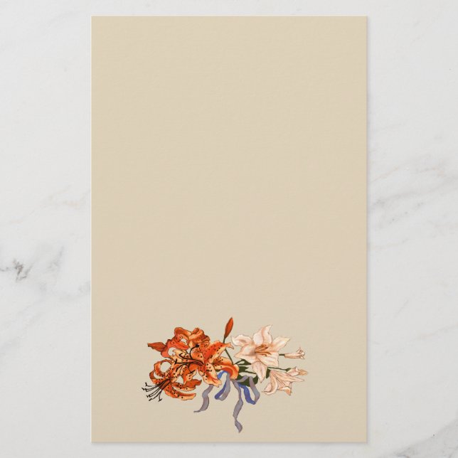 Vintage Lily Bouquet Tied with a Ribbon Stationery (Front)