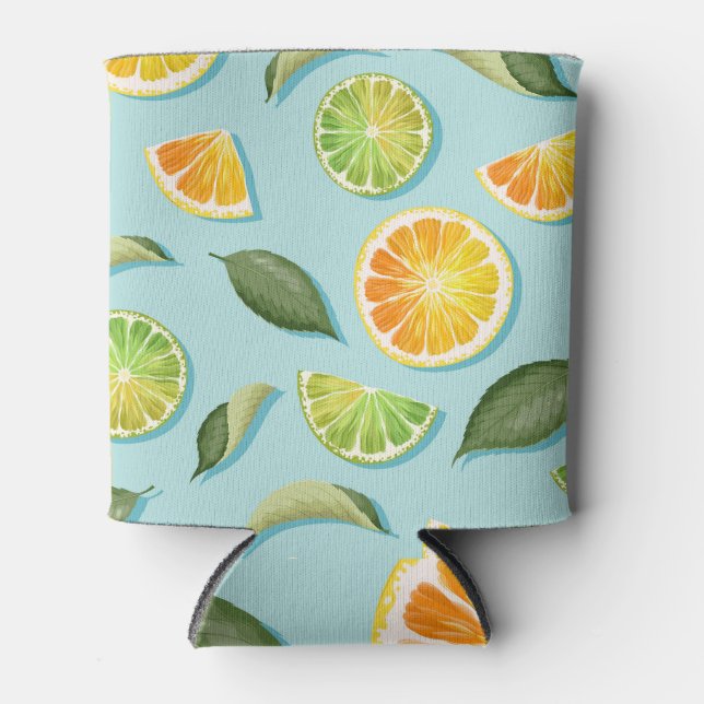 Vintage Lime Lemon Blue Pattern Can Cooler (Front)