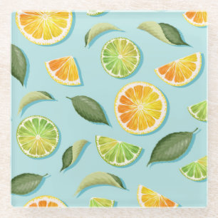 Vintage Lime Lemon Blue Pattern Glass Coaster