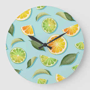 Vintage Lime Lemon Blue Pattern Large Clock