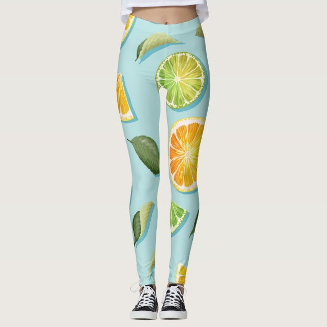 Vintage Lime Lemon Blue Pattern Leggings (Front)