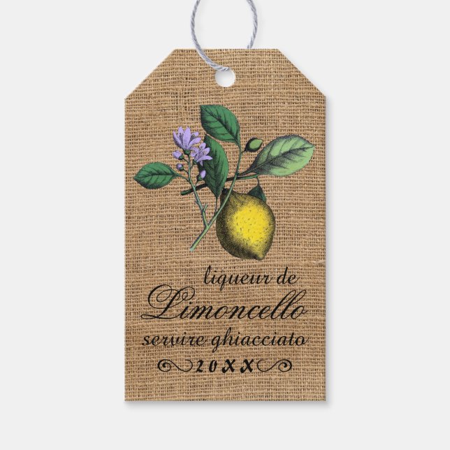 Vintage Limoncello Burlap Look Bottle Hang Tag | (Front)