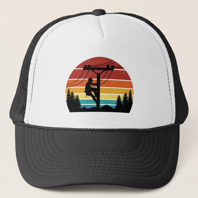 Vintage Lineman Sunset Retro Trucker Hat (Front)