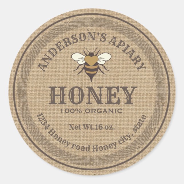Vintage linen  bee apiary honey jar label (Front)