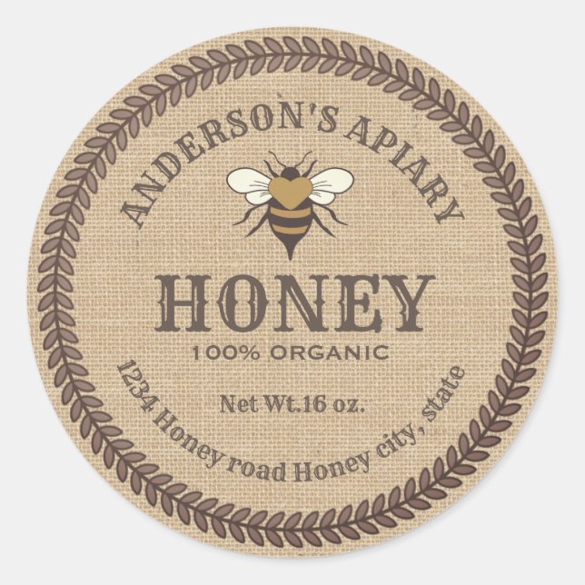 Vintage linen  bee apiary honey jar label (Front)
