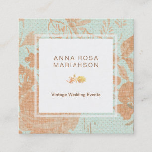 *~* Vintage Linen Gold Bronze Floral Turquoise Square Business Card