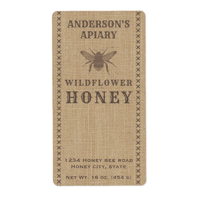 Vintage linen honeybee honey jar label (Front)